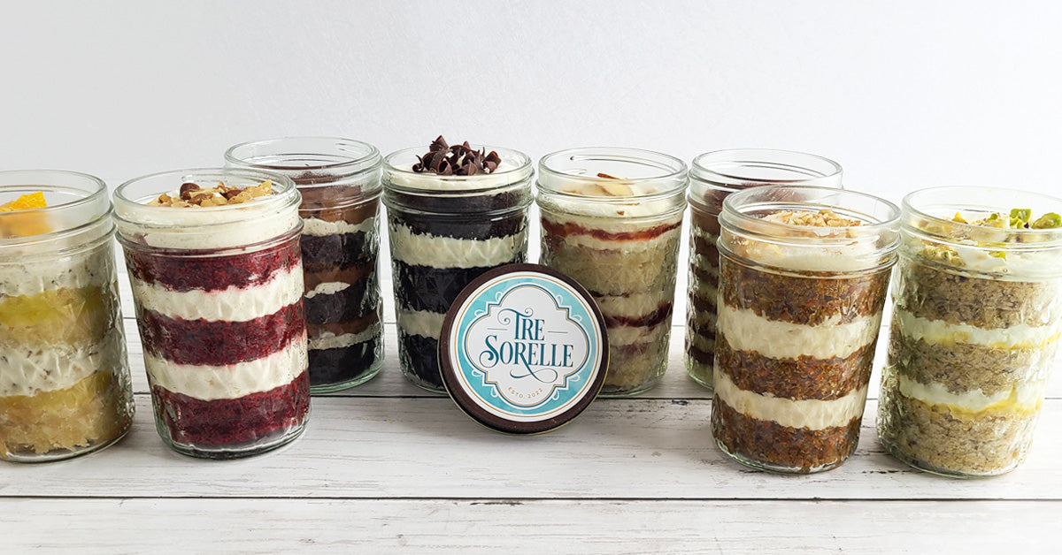 Eight featured flavors of Tre Sorelle cake-in-a-jar